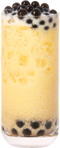 Mango Milk Tea — Tropical mango milk tea, rich, with boba waiting at the bottom.
