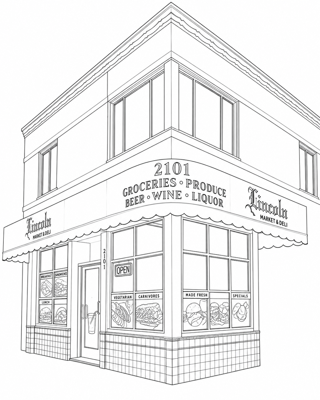 Line drawing of the Lincoln Market and Deli storefront at 2101 on the corner